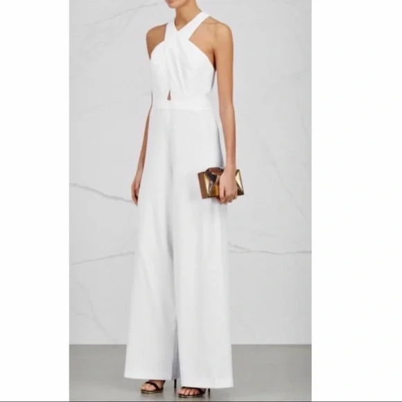ALICE + OLIVIA WHITE CRISS-CROSS FRONT WIDE LEG JUMPSUIT